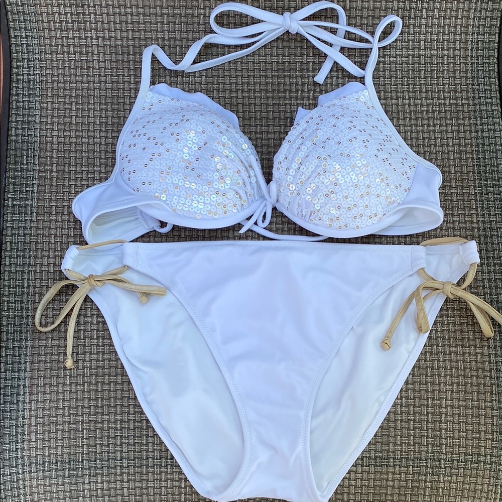 Victoria's Secret Gold and White Classic Shimmering  String Bikini - Vintage